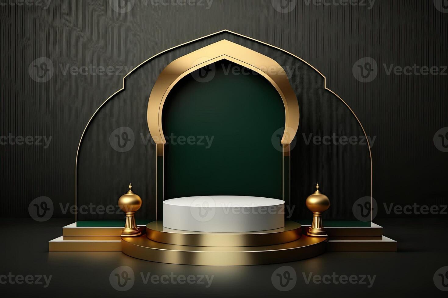 Luxury islamic ramadan podium stage product display green and gold frame photo