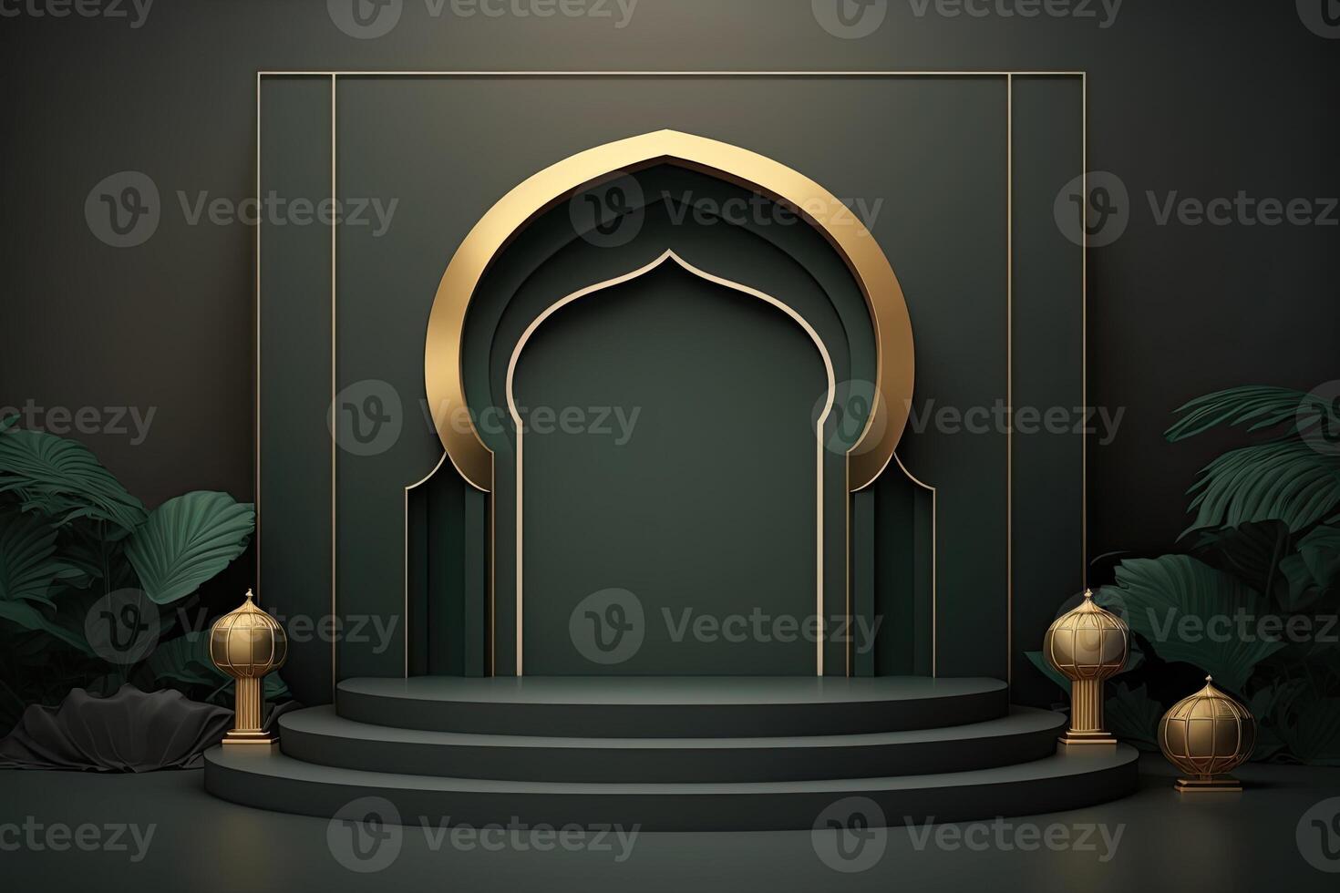 Luxury islamic ramadan podium stage product display green and gold frame photo