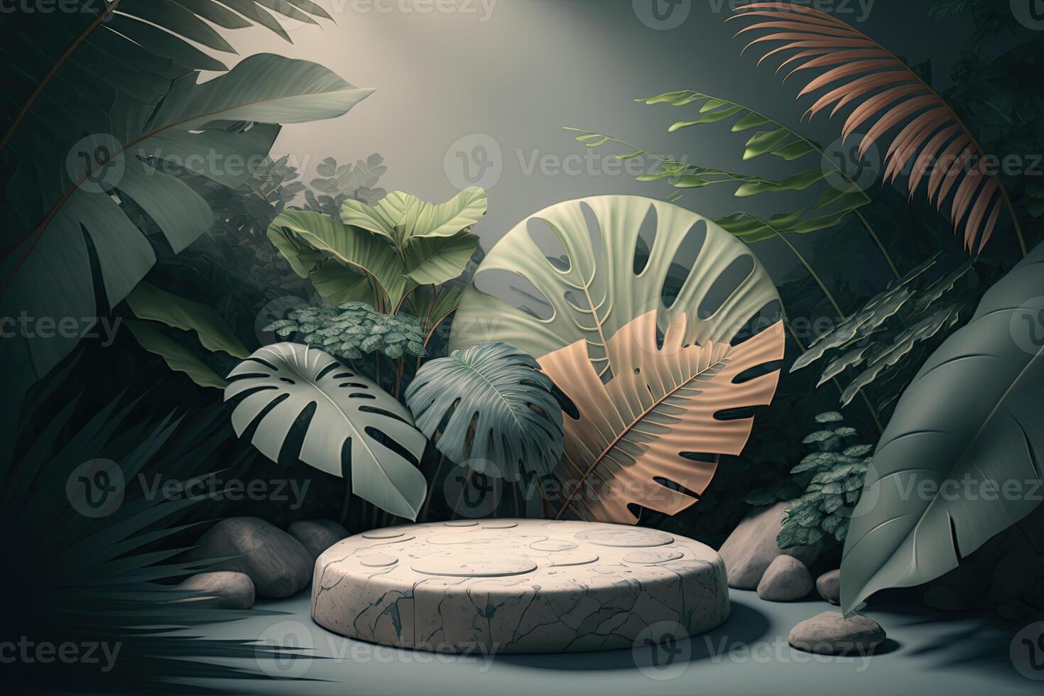 White green empty round podium platform tropical nature plants product showcase photo