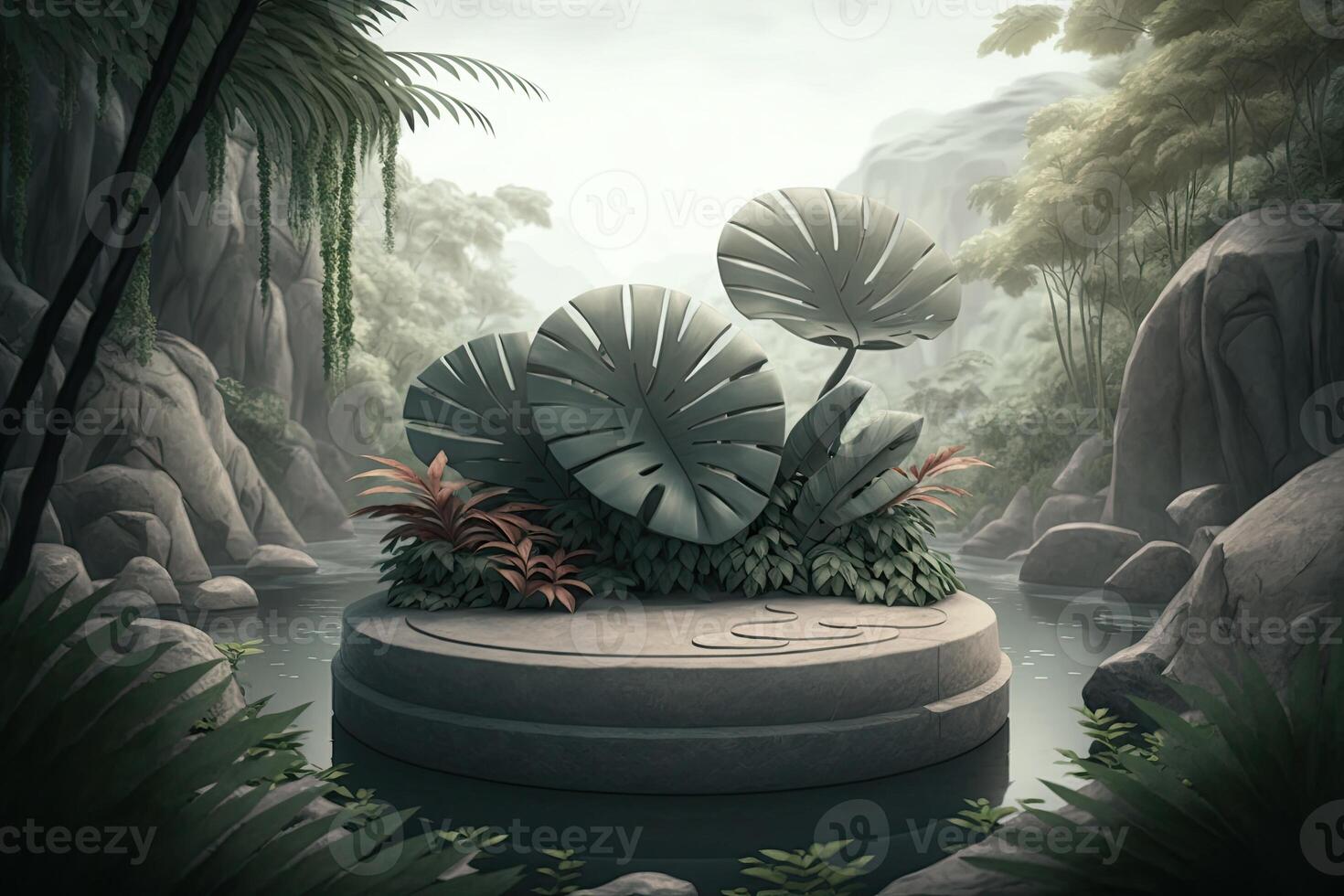 White green empty round podium platform tropical nature plants product showcase photo