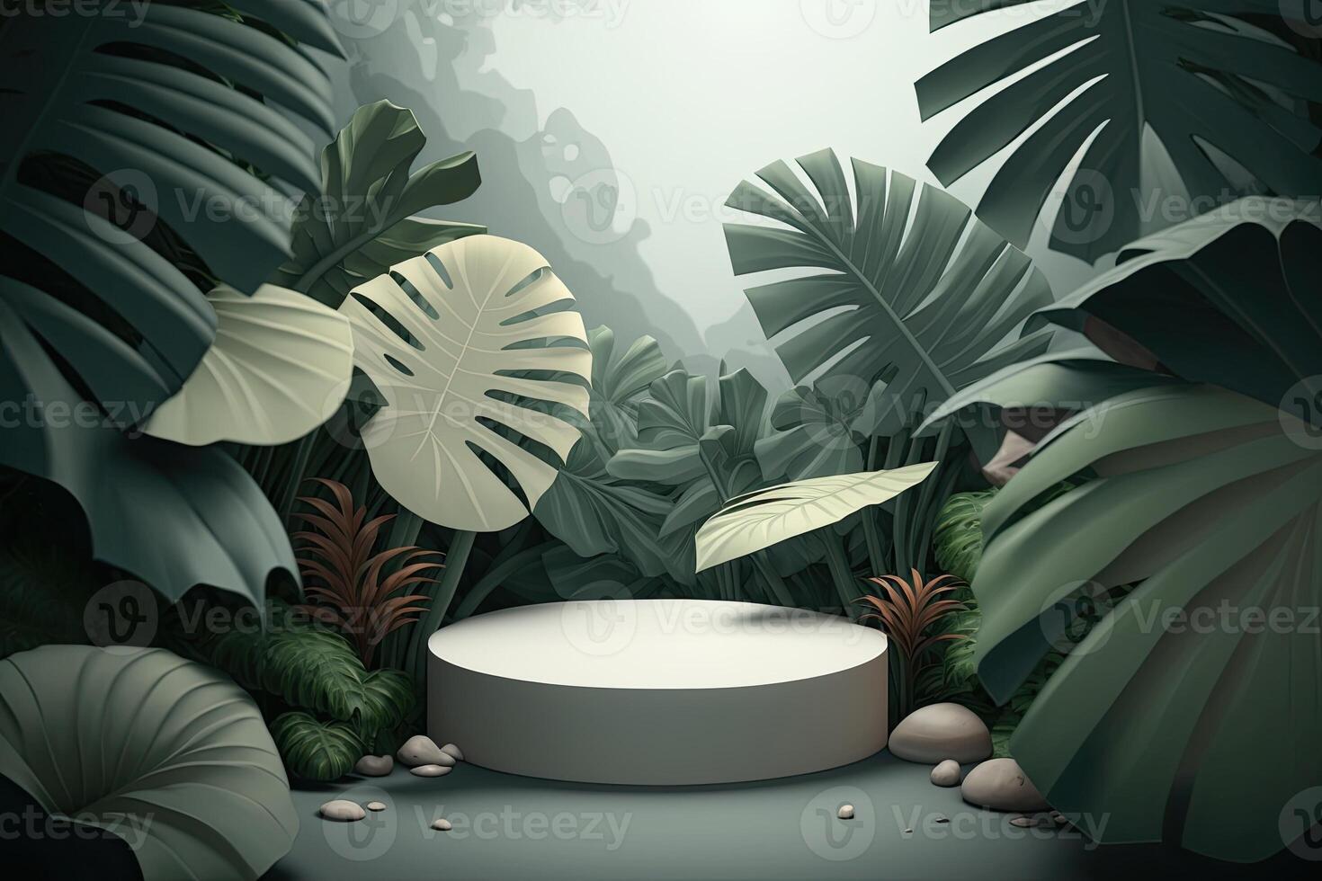 White green empty round podium platform tropical nature plants product showcase photo