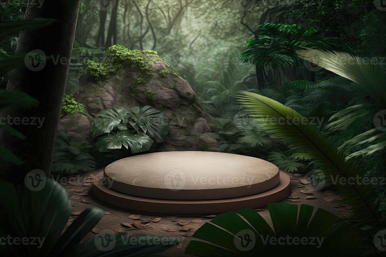 Flat circle round podium platform product display presentation tropical nature forest Made with photo
