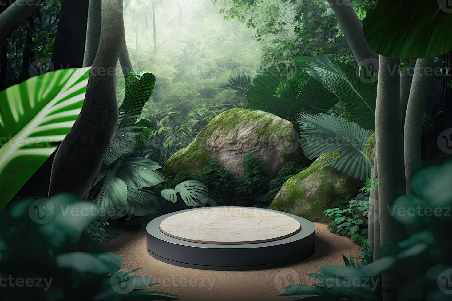 Flat circle round podium platform product display presentation tropical nature forest Made with photo