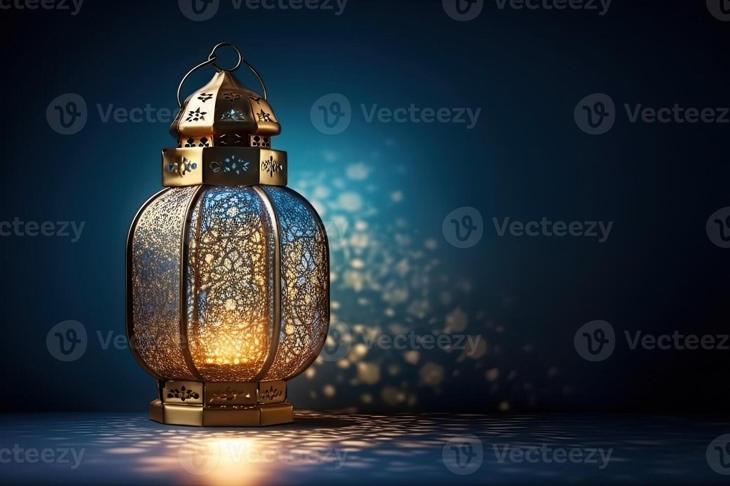 Islamic golden lantern stands with candle light and arabian ornament ramadan kareem background photo