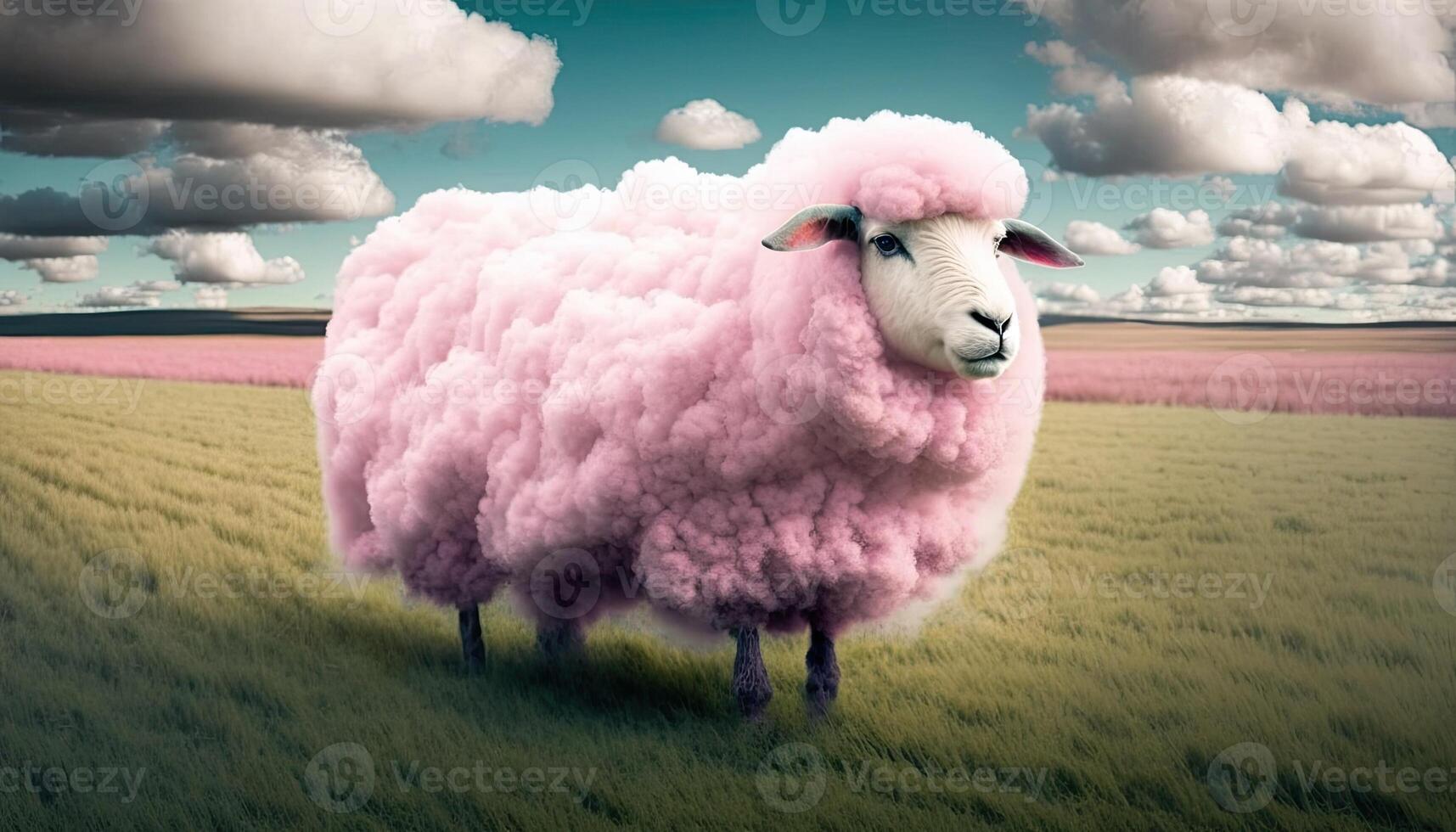 Cute funny fluffy pink sheep on a green fields fantasy photo