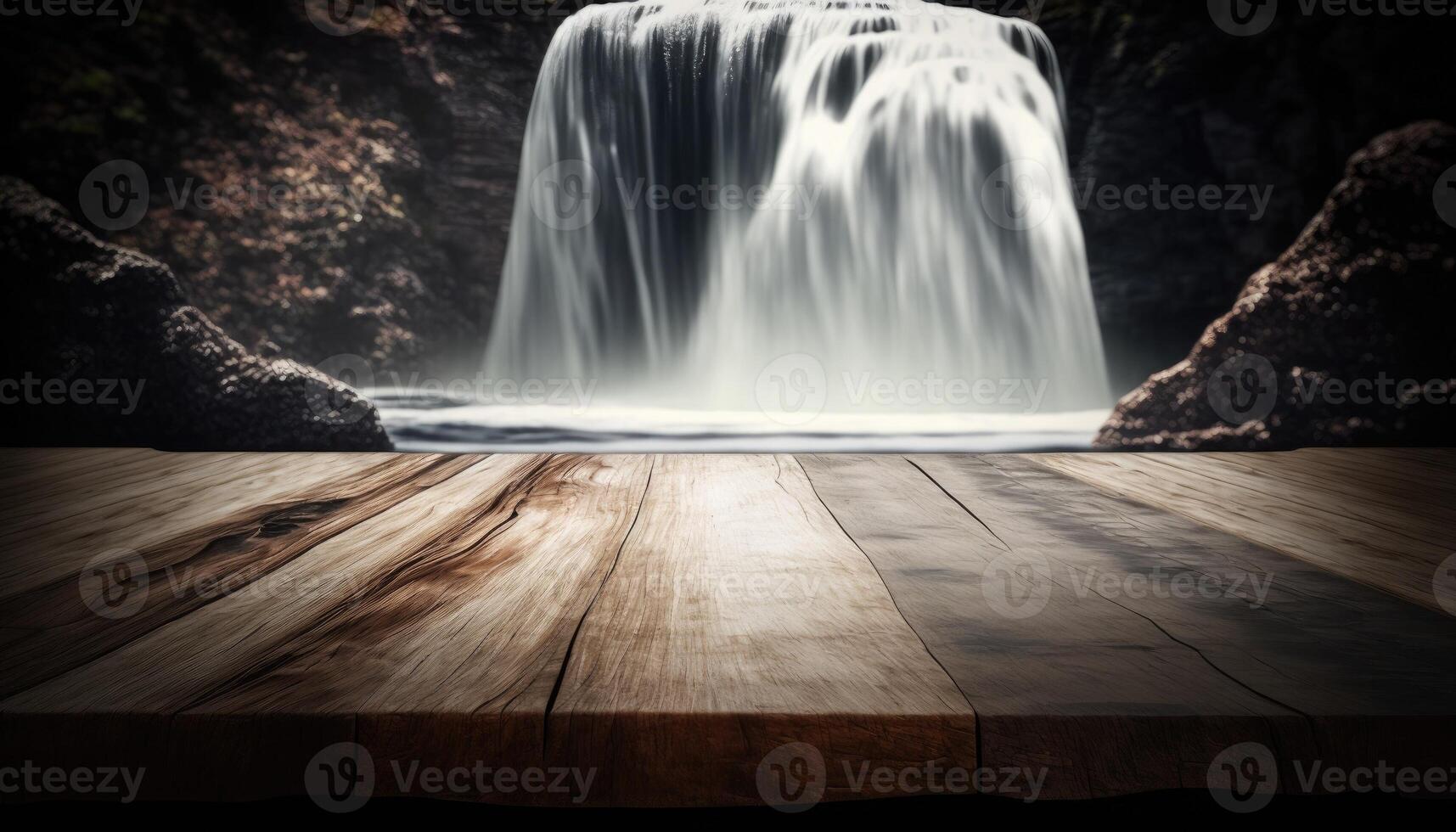 Empty wooden top table blurry waterfall background Made with photo