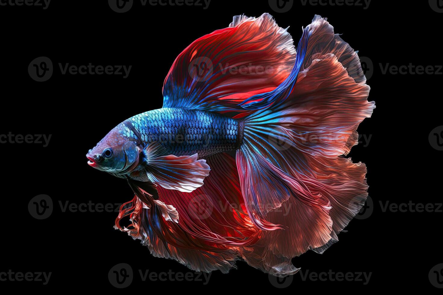 Beautiful colorful red and blue of siamese betta fish in plain dark black background Made with photo
