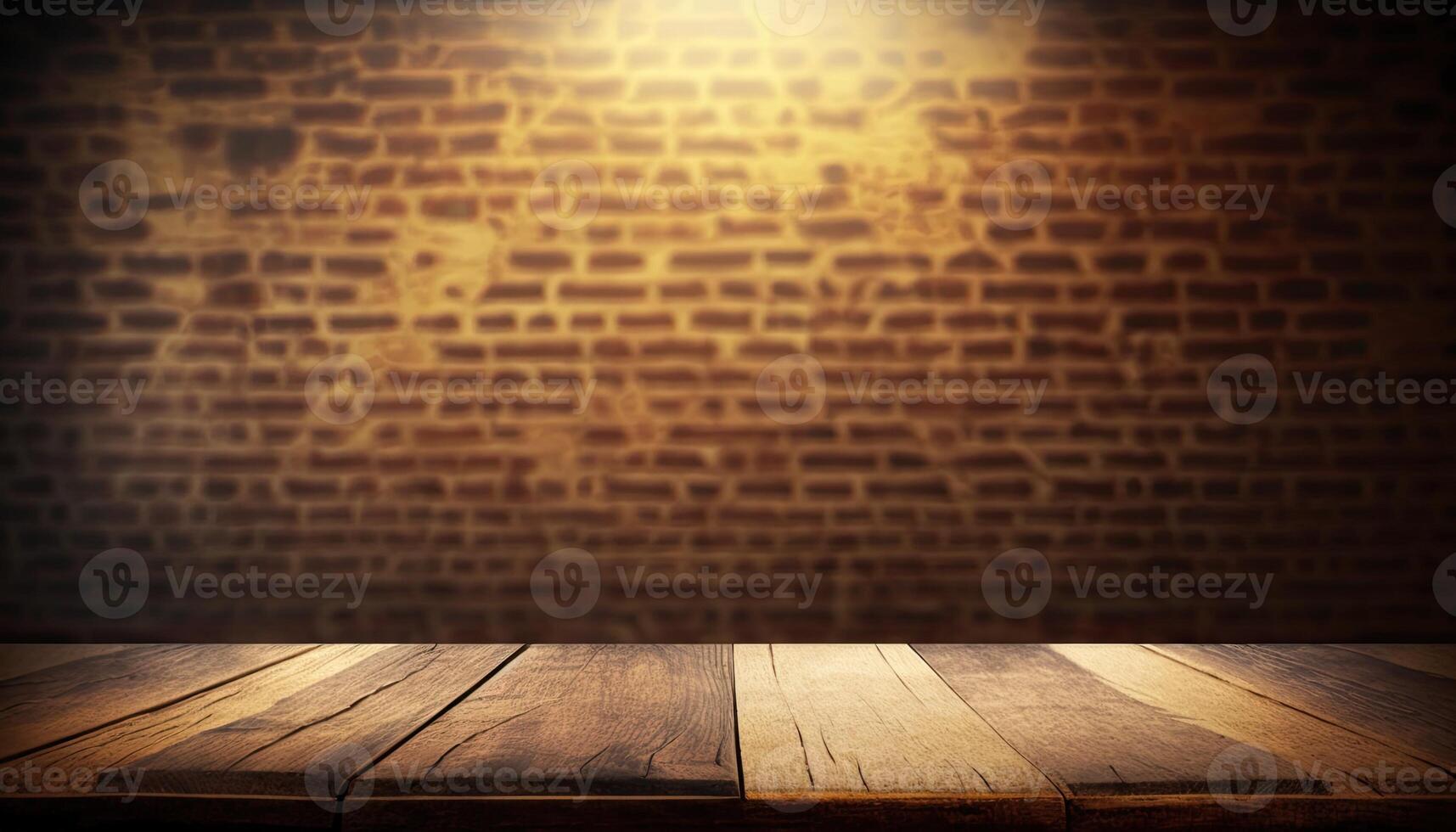 Empty wooden top table blurry brown brick background Made with photo