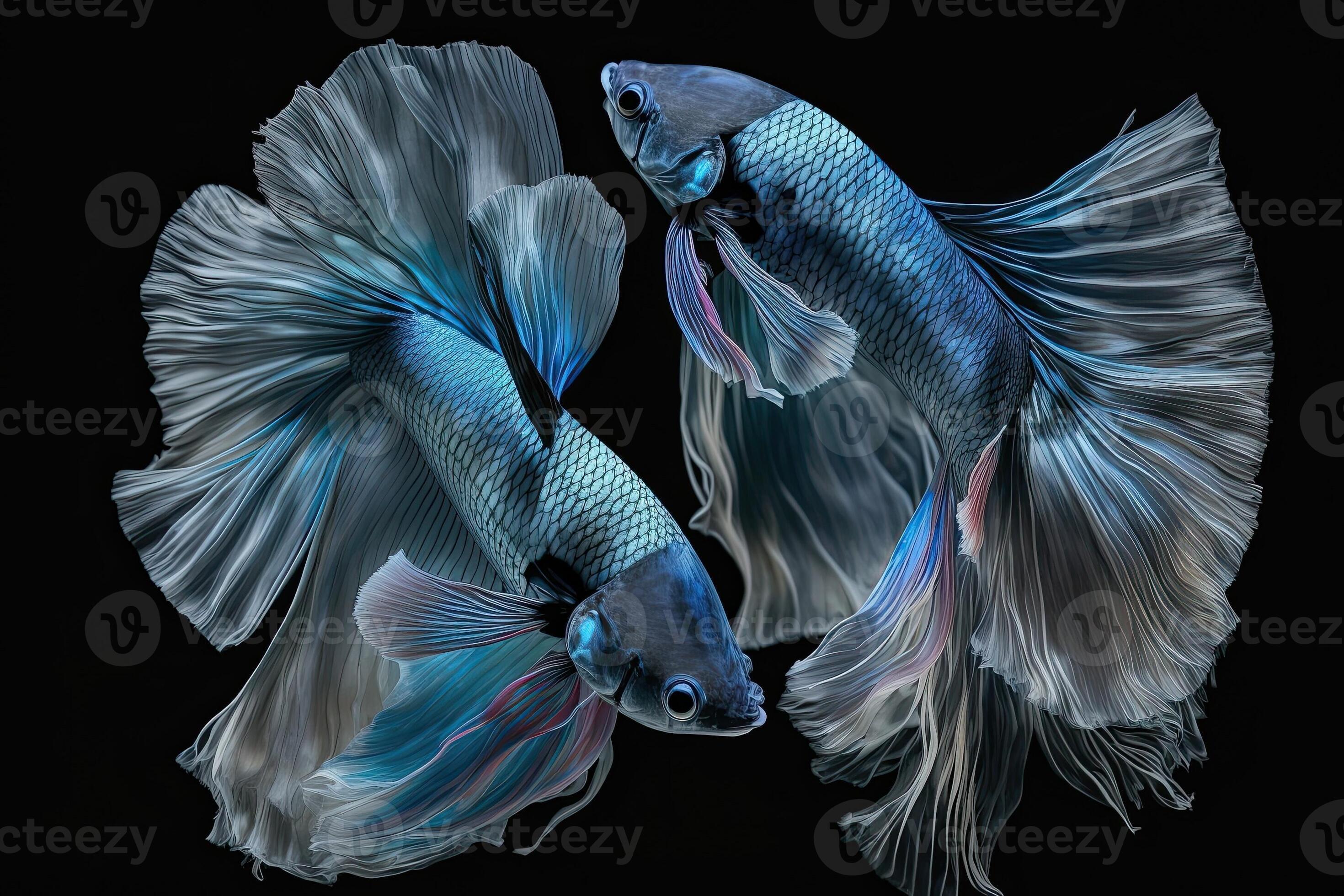 Beautiful two blue of siamese betta fish in plain dark black background