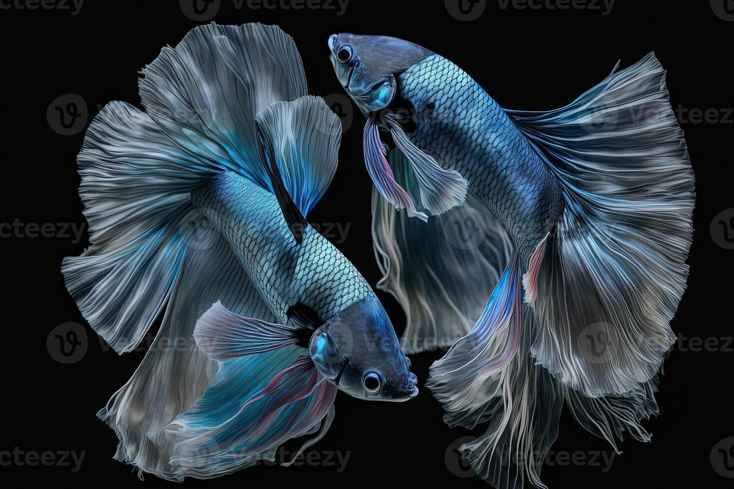 Beautiful two blue of siamese betta fish in plain dark black background Made with photo