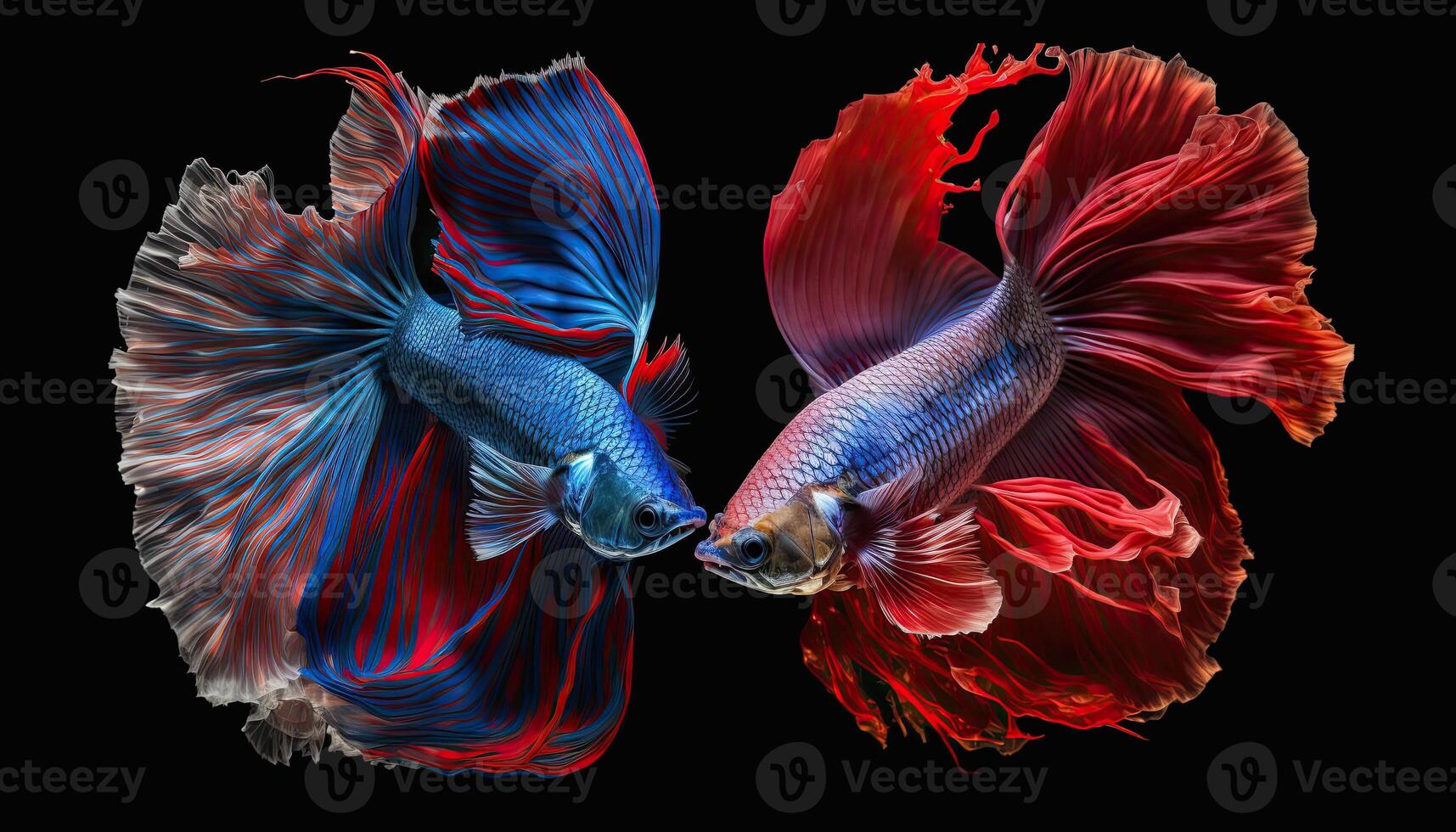 Beautiful colorful red and blue of siamese betta fish in plain dark black background Made with photo