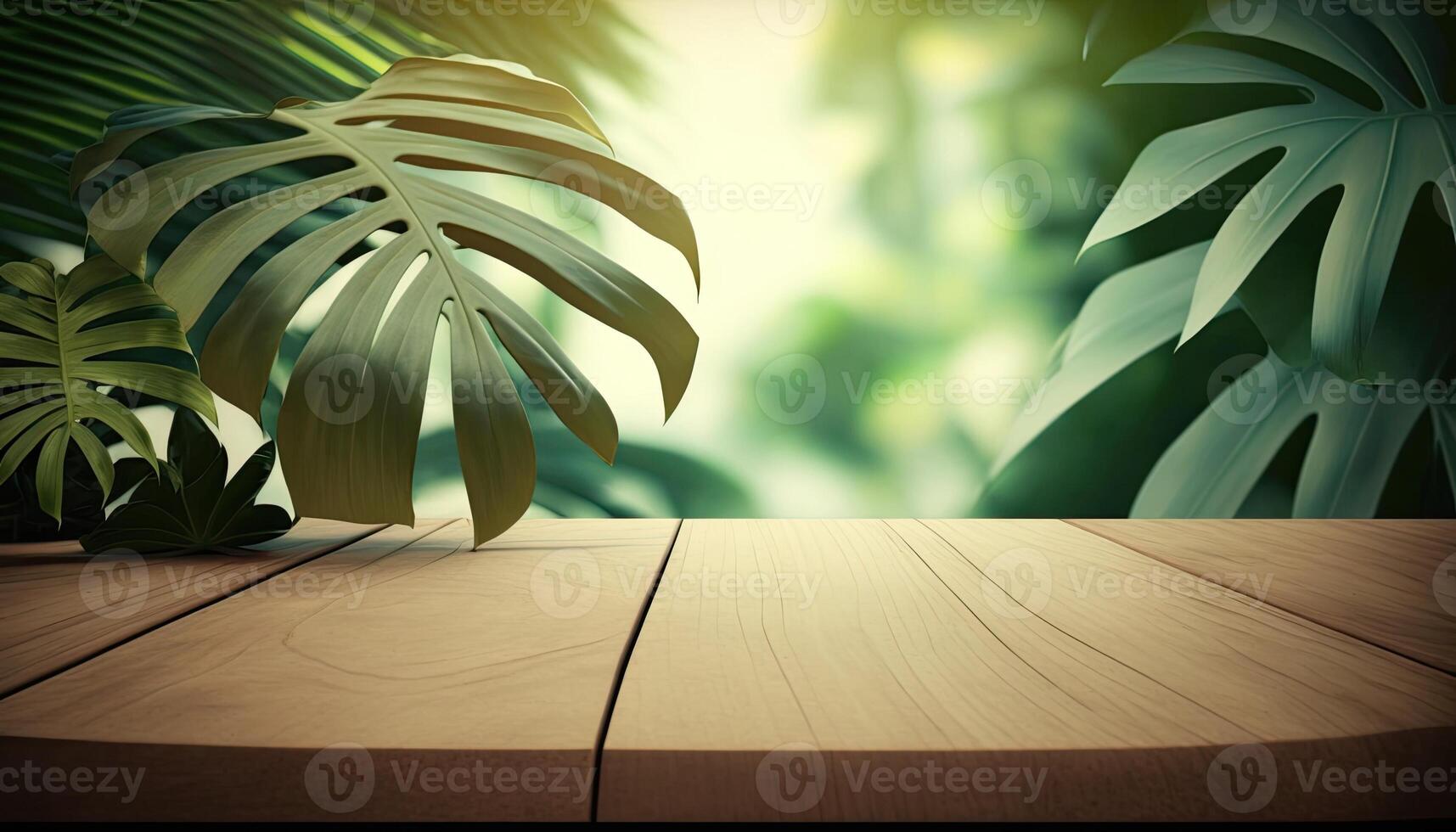 empty wooden table top with a blurry background with tropical plants background photo