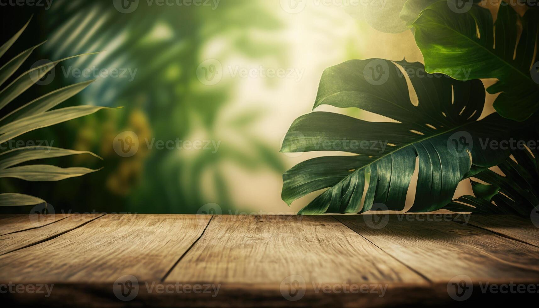empty wooden table top with a blurry background with tropical plants background photo