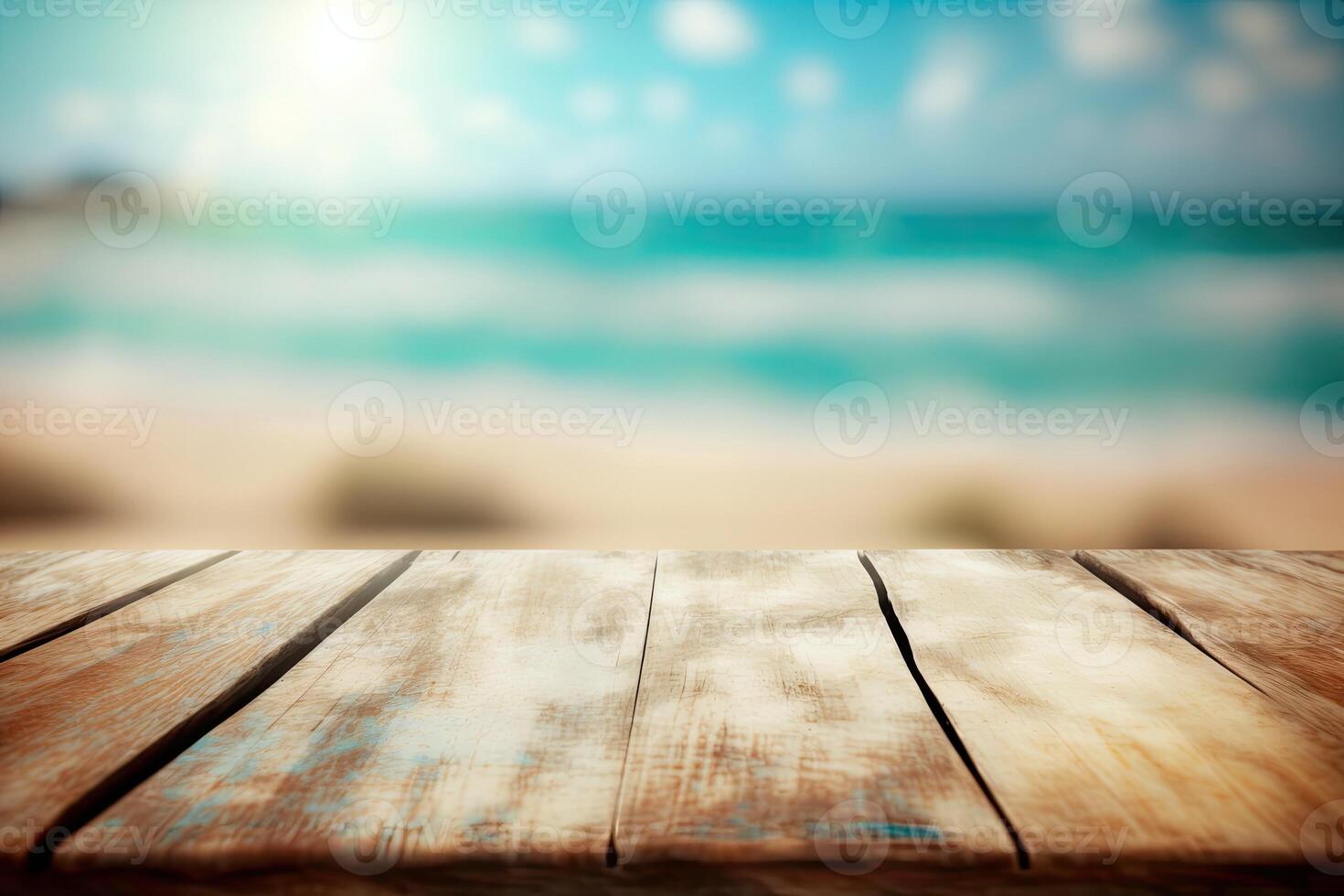 Empty wooden table top blurry beach view background made with photo