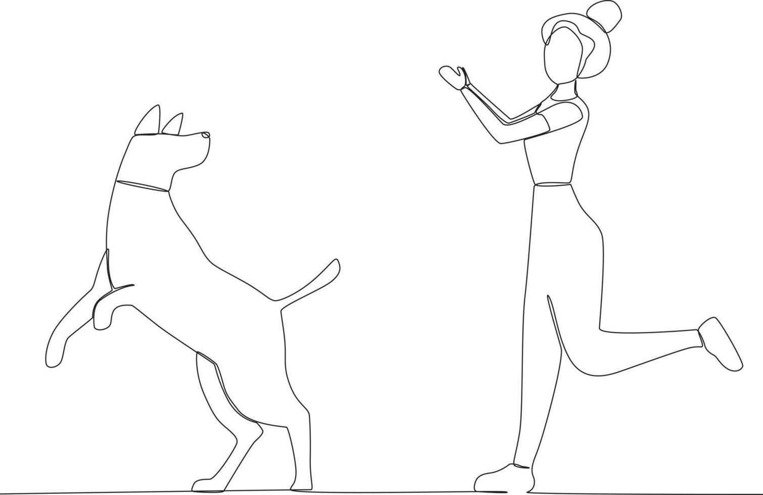 A dog looking back while playing with a woman vector
