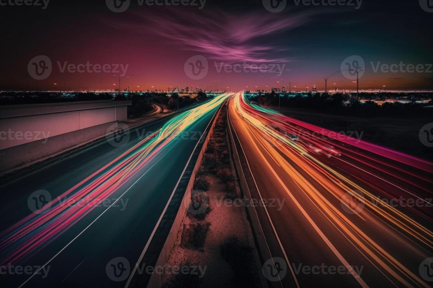 Traffic neon colorful light lamp long exposure city photography fast Made with photo