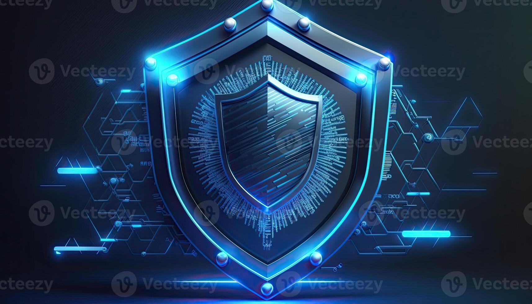 Cyber security digital data protection shield on blue background. Database security software development.Made with photo