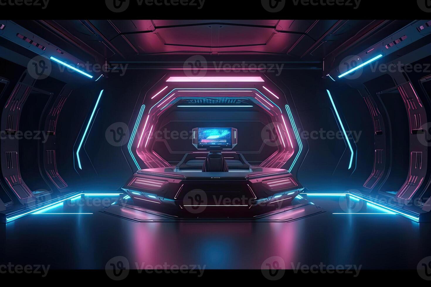 Futuristic corridor hallway tunnel with neon light. Hi-tech sci-fi passageway spaceship background photo