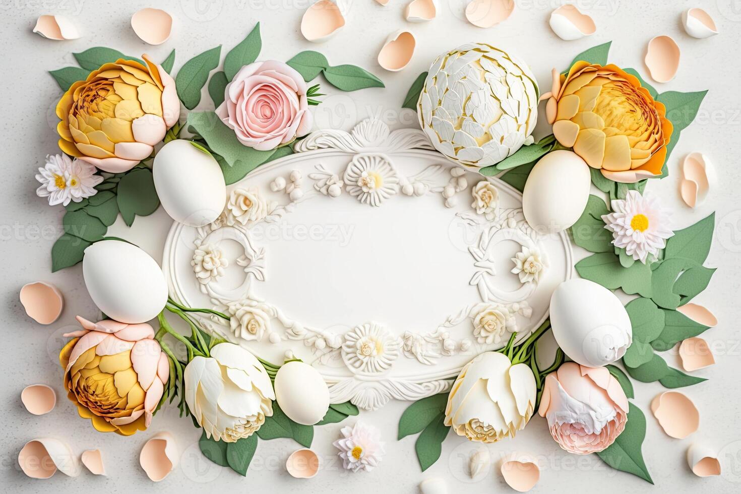 Blank white paper invitation message with flower frame top view Made with photo