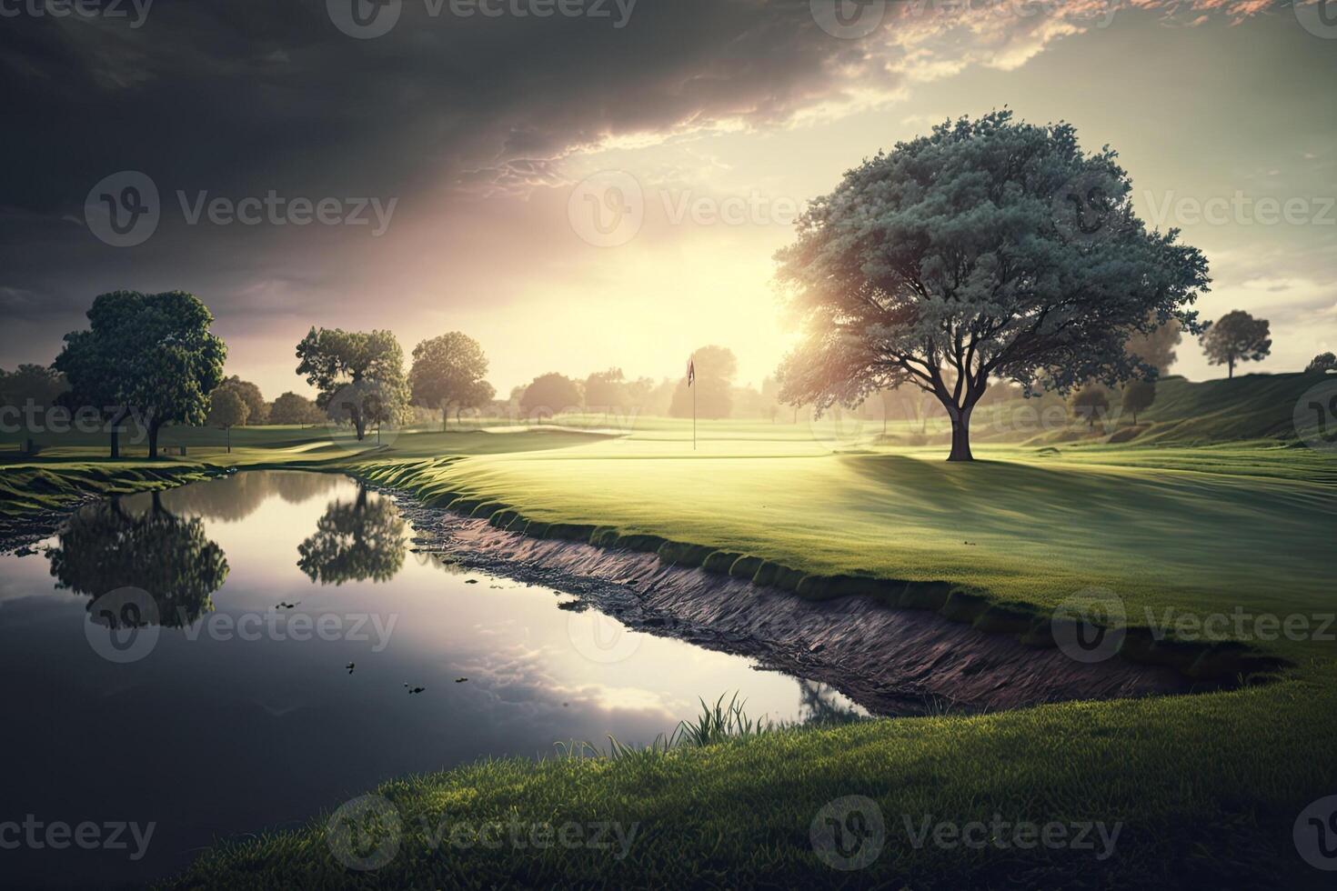 Morning Green golf field with pool with sunlight Made with photo