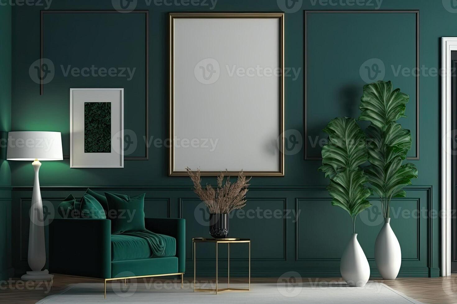Modern living room with plants, counter and frame.white green pastel color background Made With photo