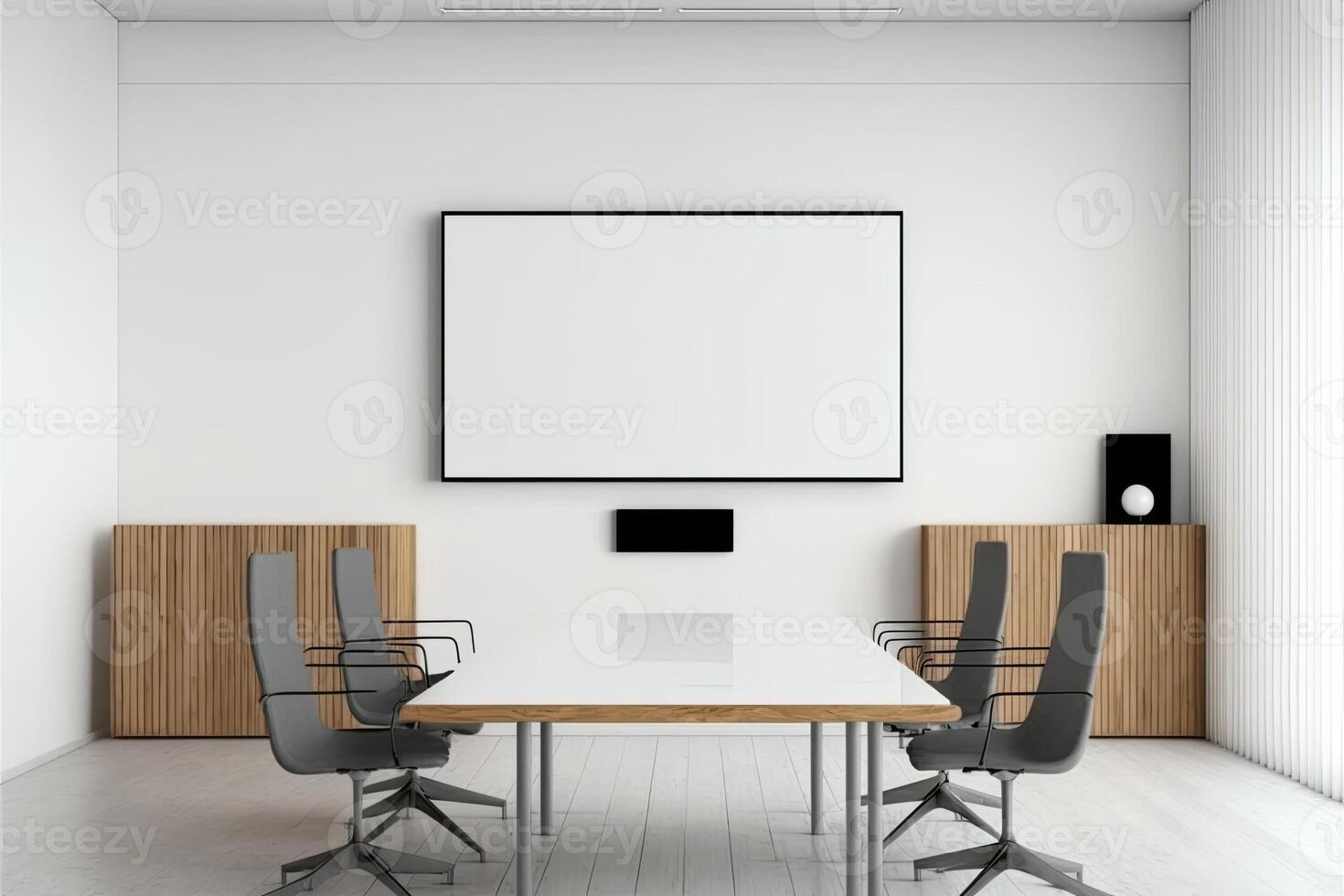 Interior of modern office meeting room black and white with wooden furniture conference table with black chairs and mock up Made with photo