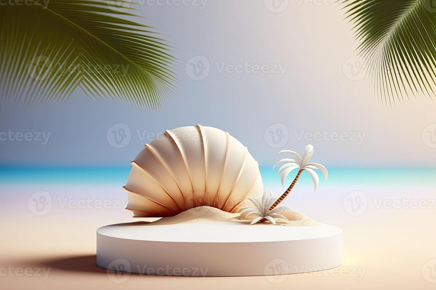 White round podium stage product display showcase on beach theme photo