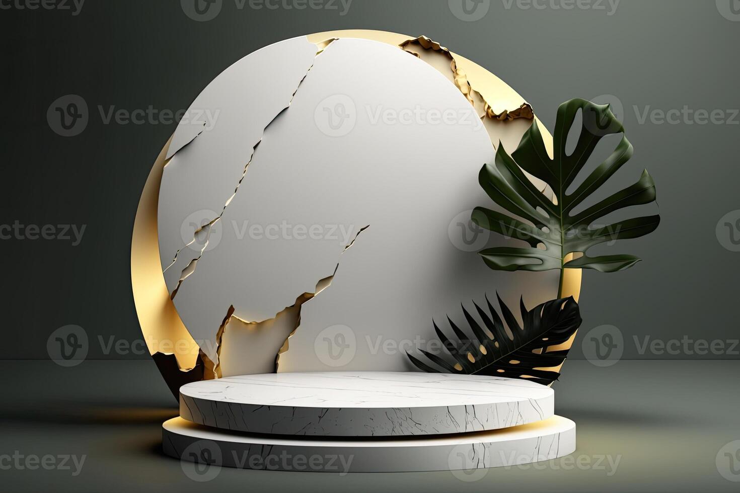 Round empty podium platform product display luxury white gray minimalist tropical plant Made with photo
