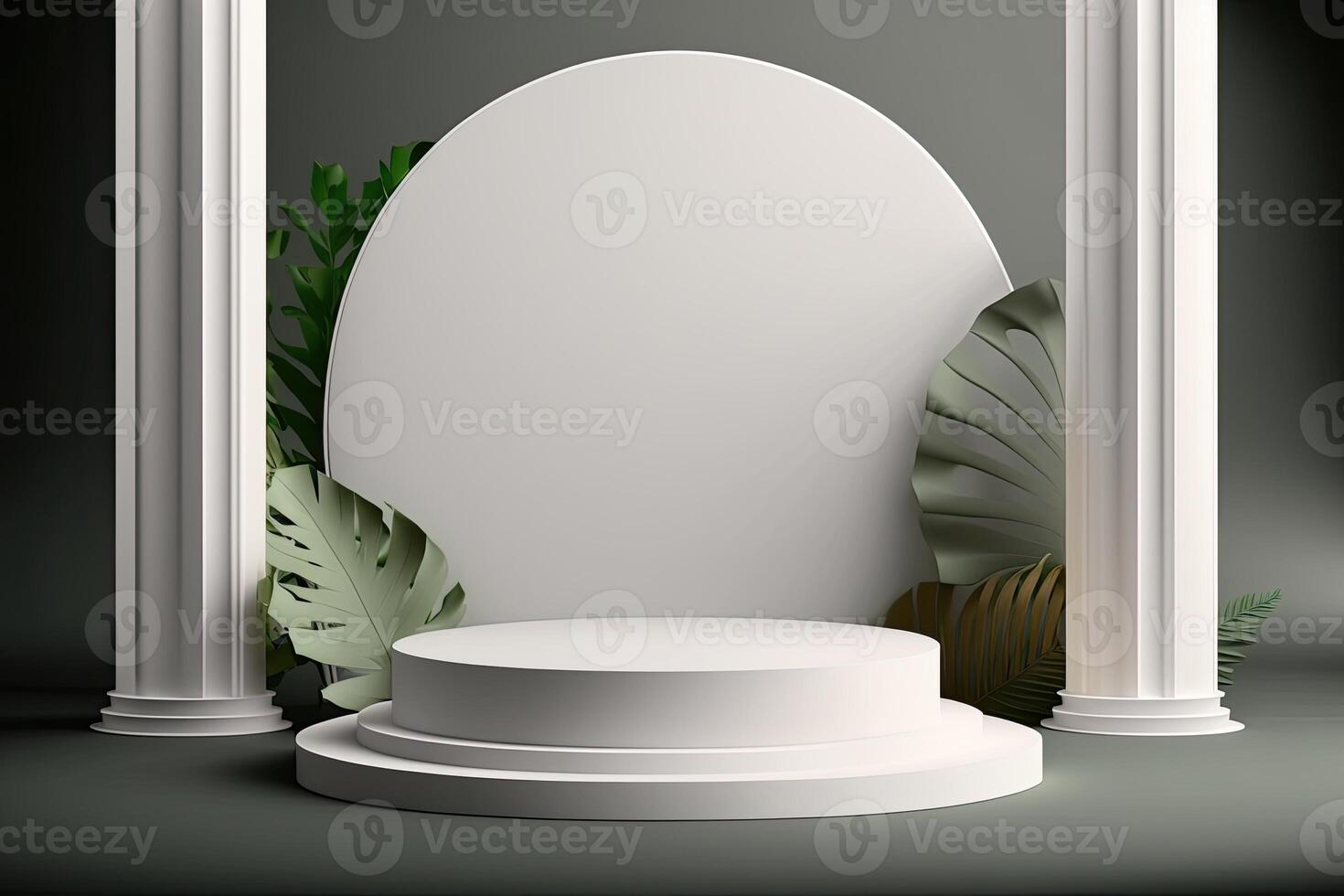 minimalist empty round wooden podium product showcase display with tropical plants photo