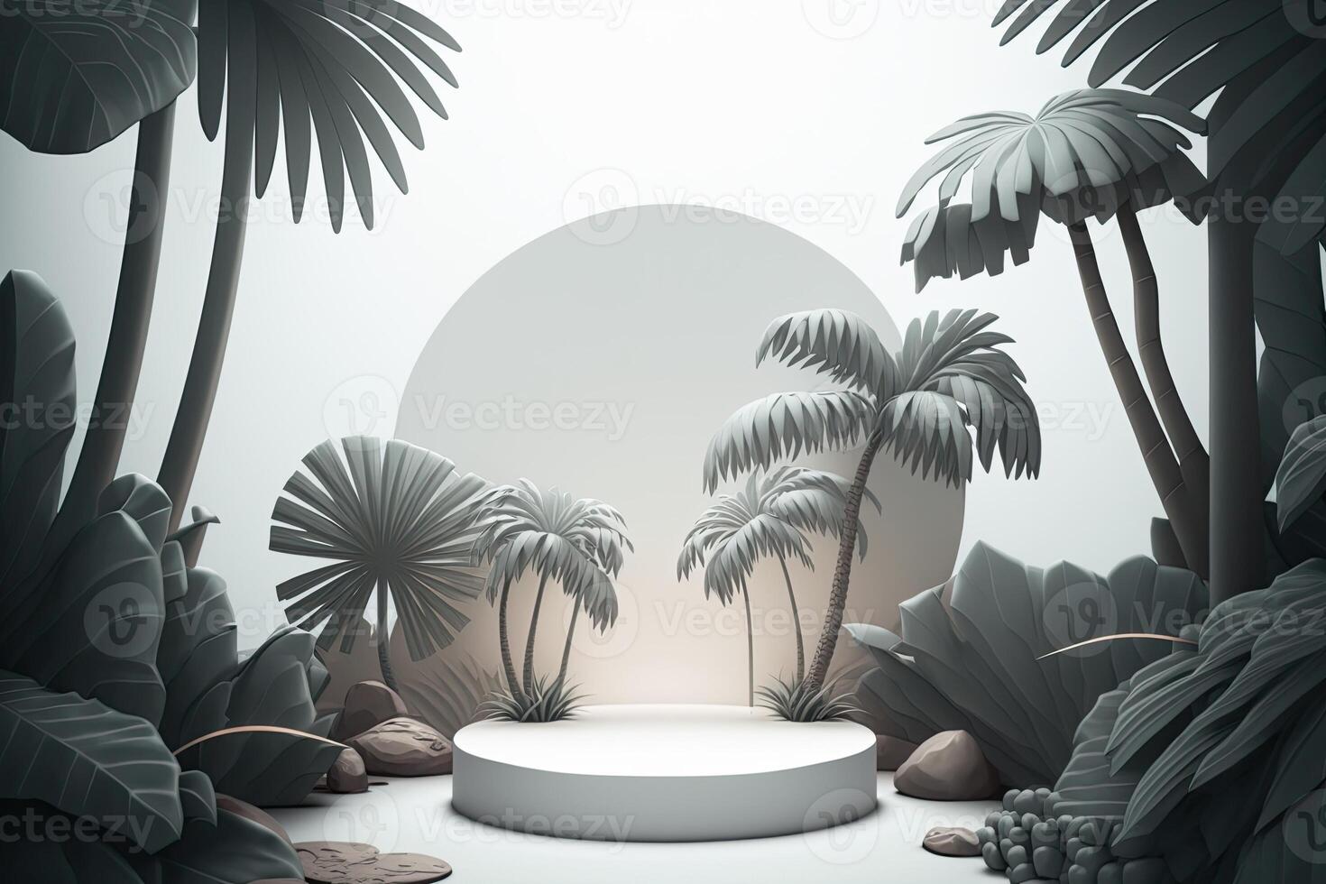 White green empty round podium platform tropical nature plants product showcase photo