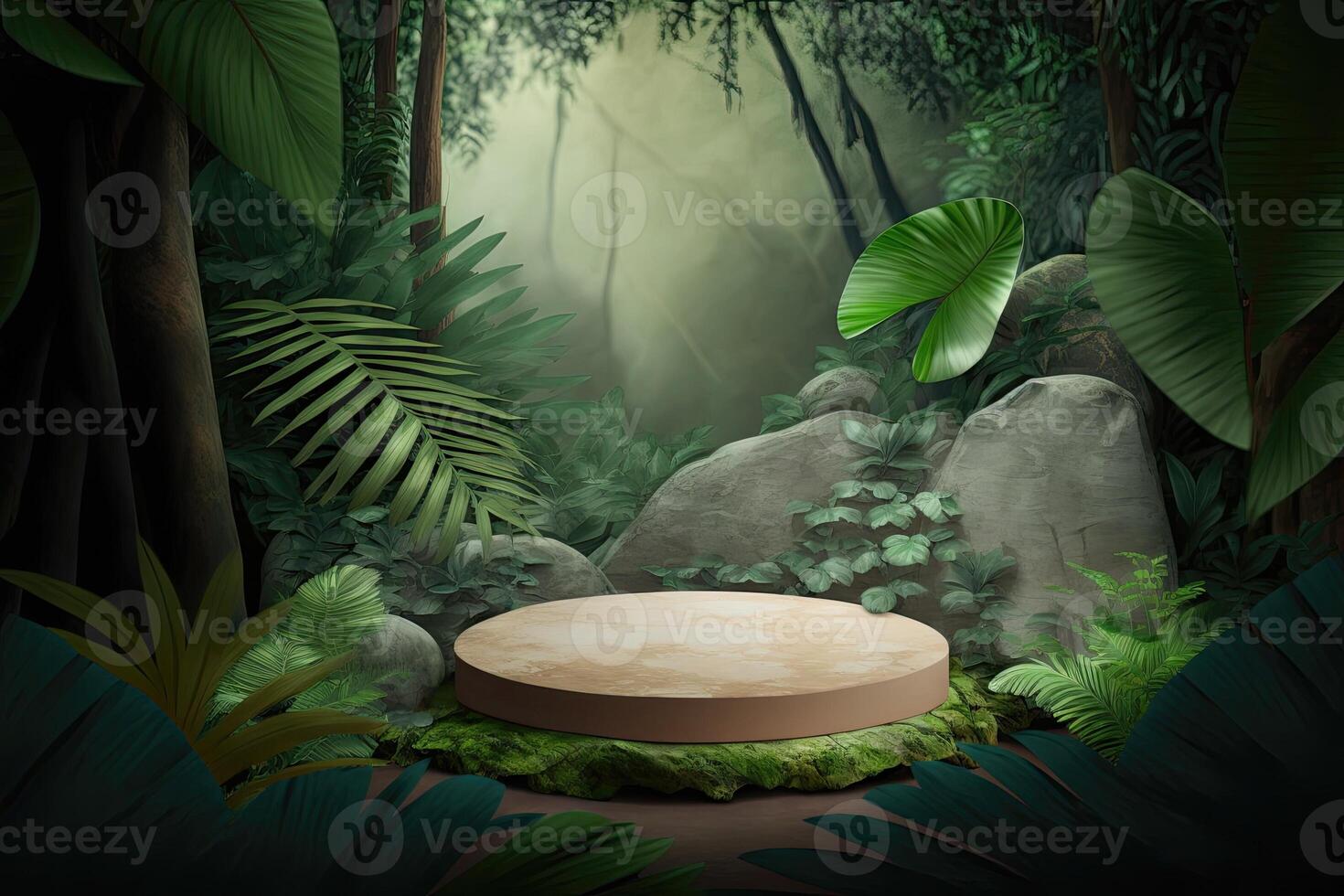 Flat circle round podium platform product display presentation tropical nature forest Made with photo