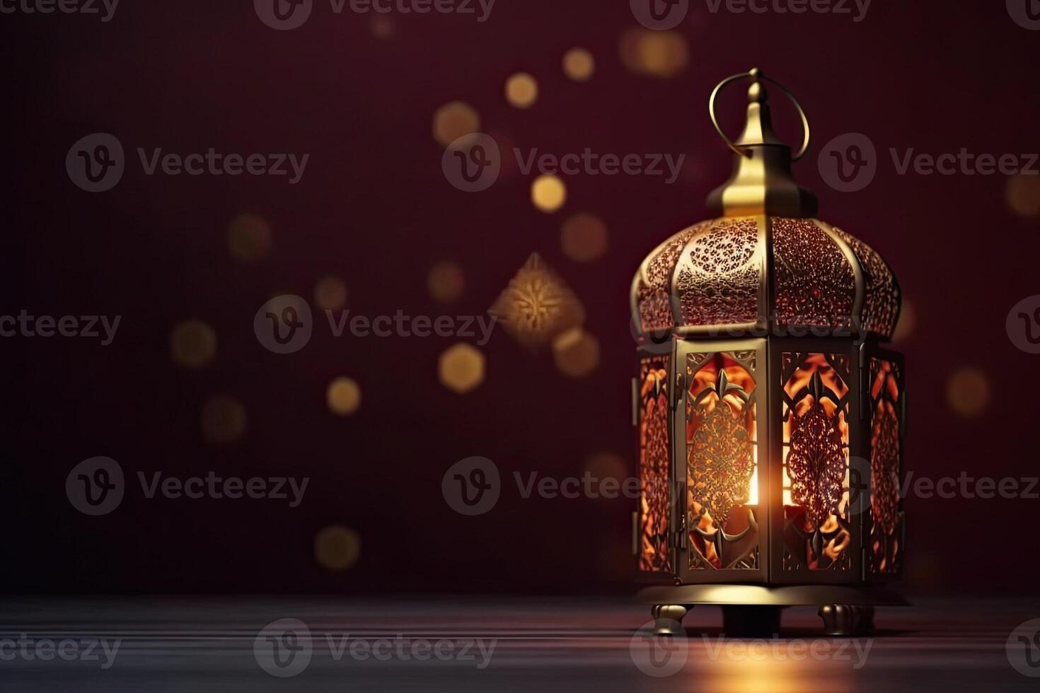 Islamic lantern stands with candle light and arabian ornament, ramadan kareem maroon background photo