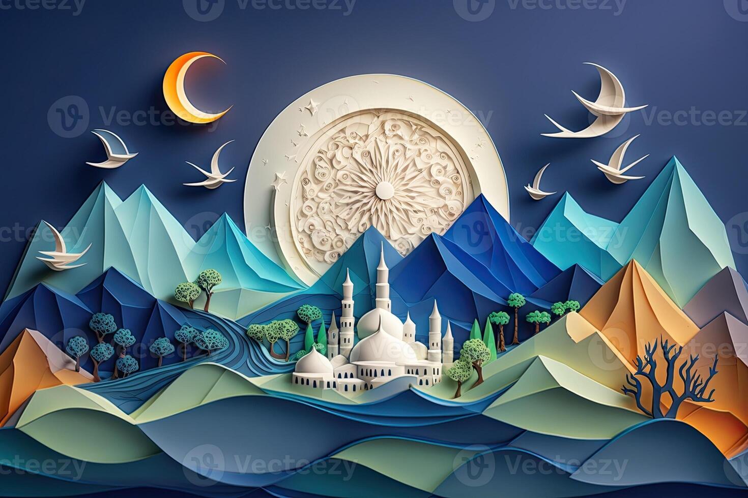 ramadan mosque paper quilling mountain and sea landscape cutting paper with blue sky background photo