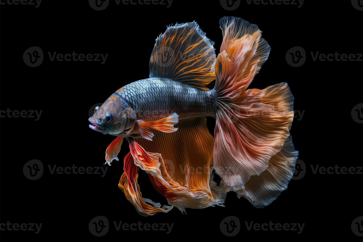 Beautiful colorful orange of siamese betta fish in plain dark black background Made with photo
