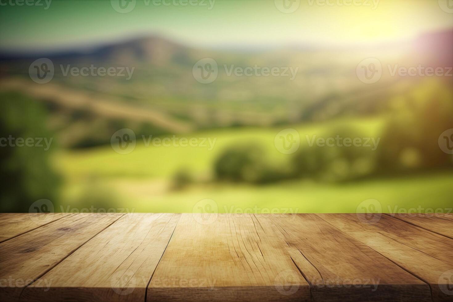 Empty wooden table top blurry green hills view background made with photo