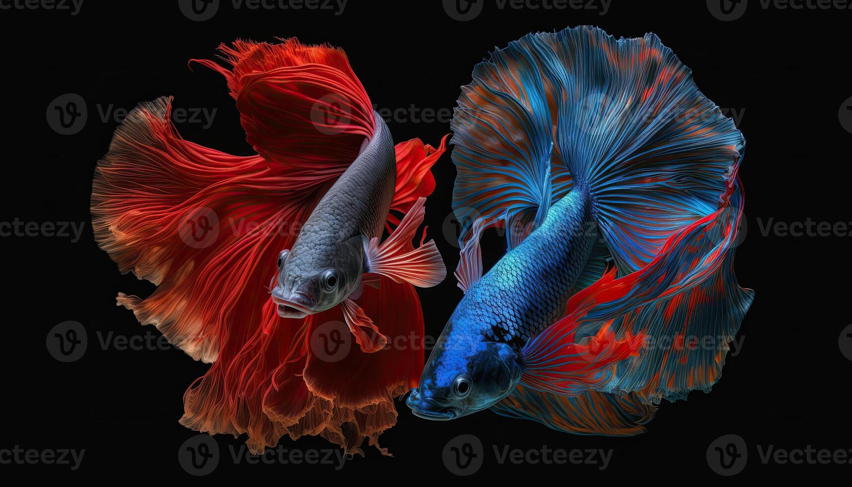 Beautiful colorful red and blue of siamese betta fish in plain dark black background Made with photo