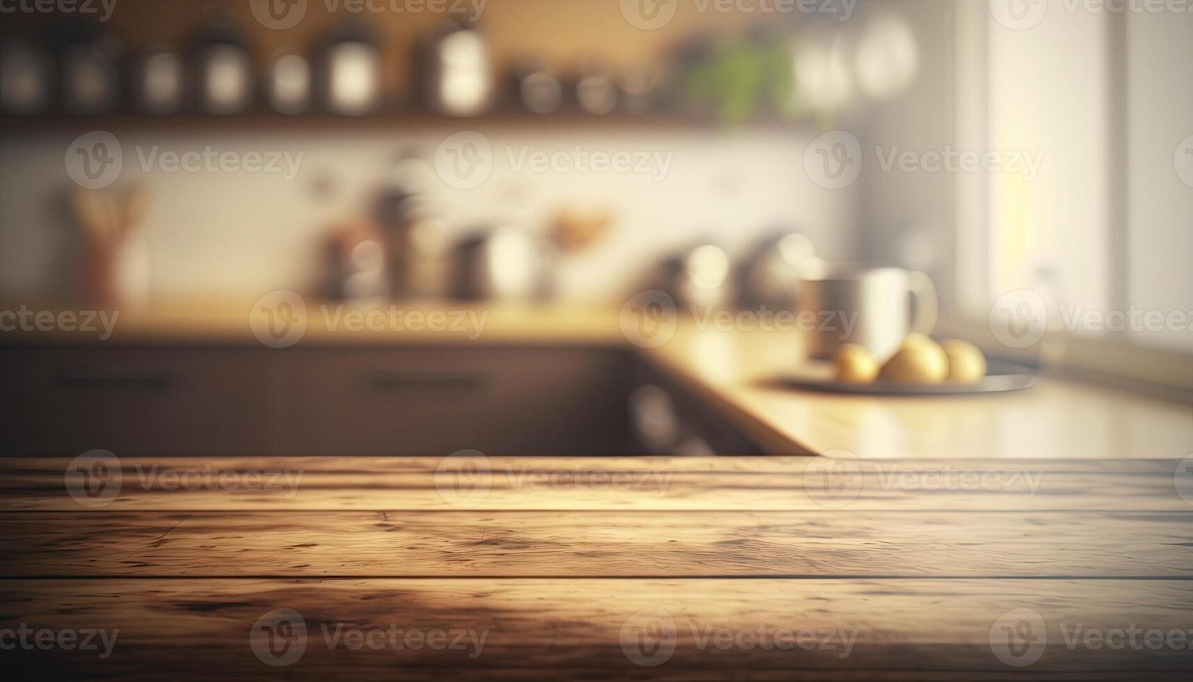 vacío de madera parte superior mesa borroso minimalista cocina antecedentes hecho con generativo ai foto