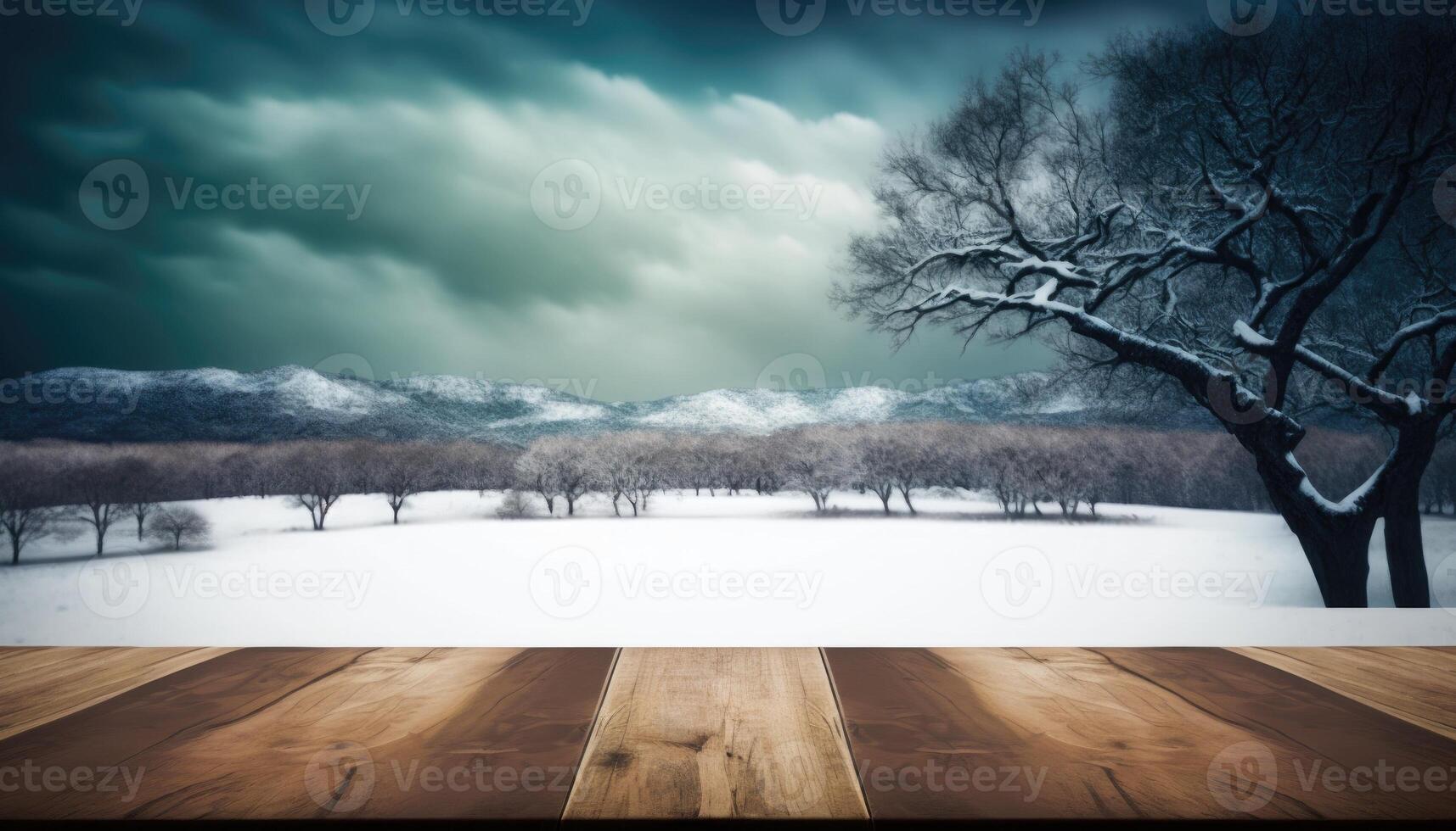 Empty wooden table top blurry snow mountain background made with photo