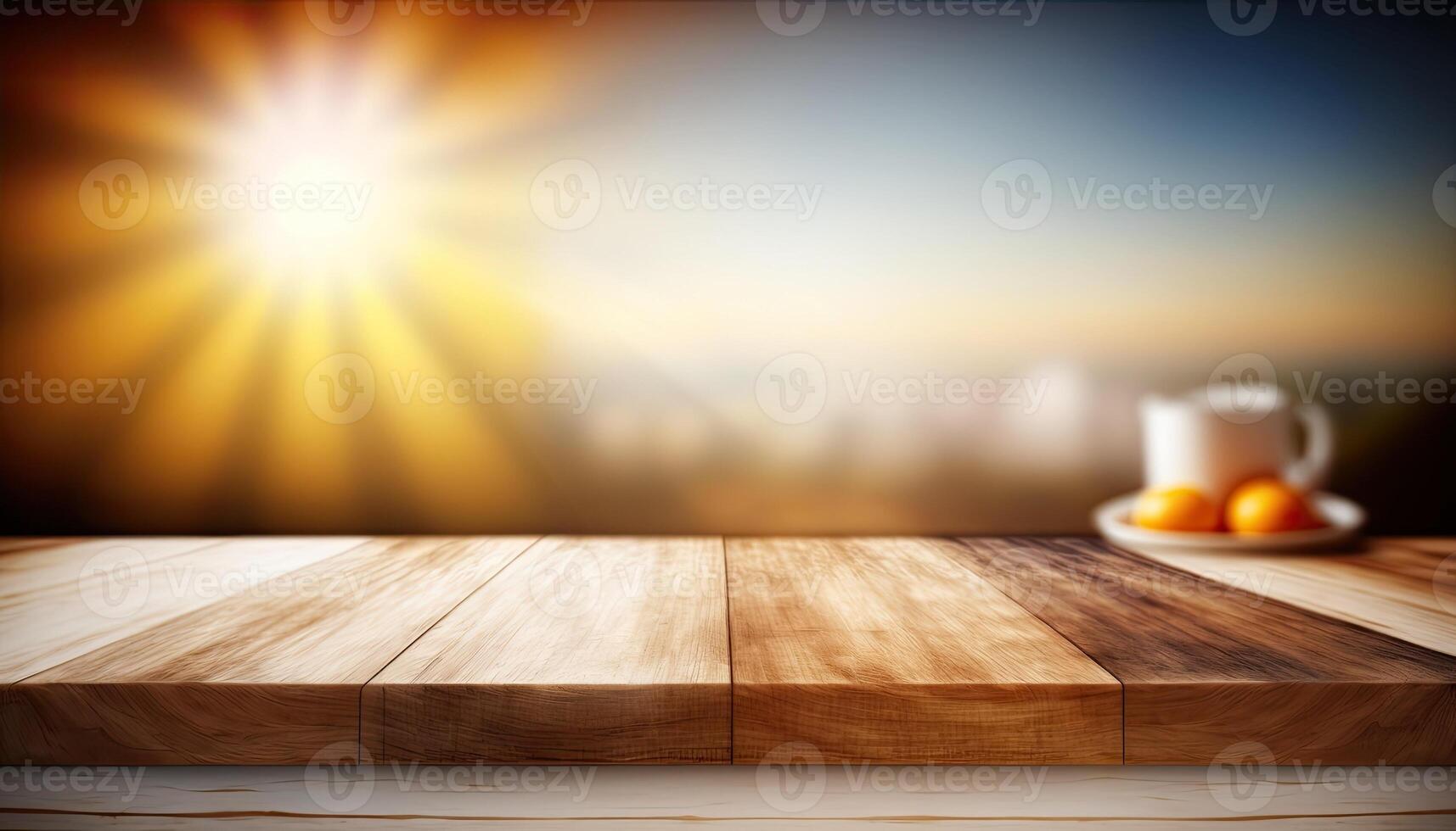 Empty wooden top table blurry sunny day background Made with photo