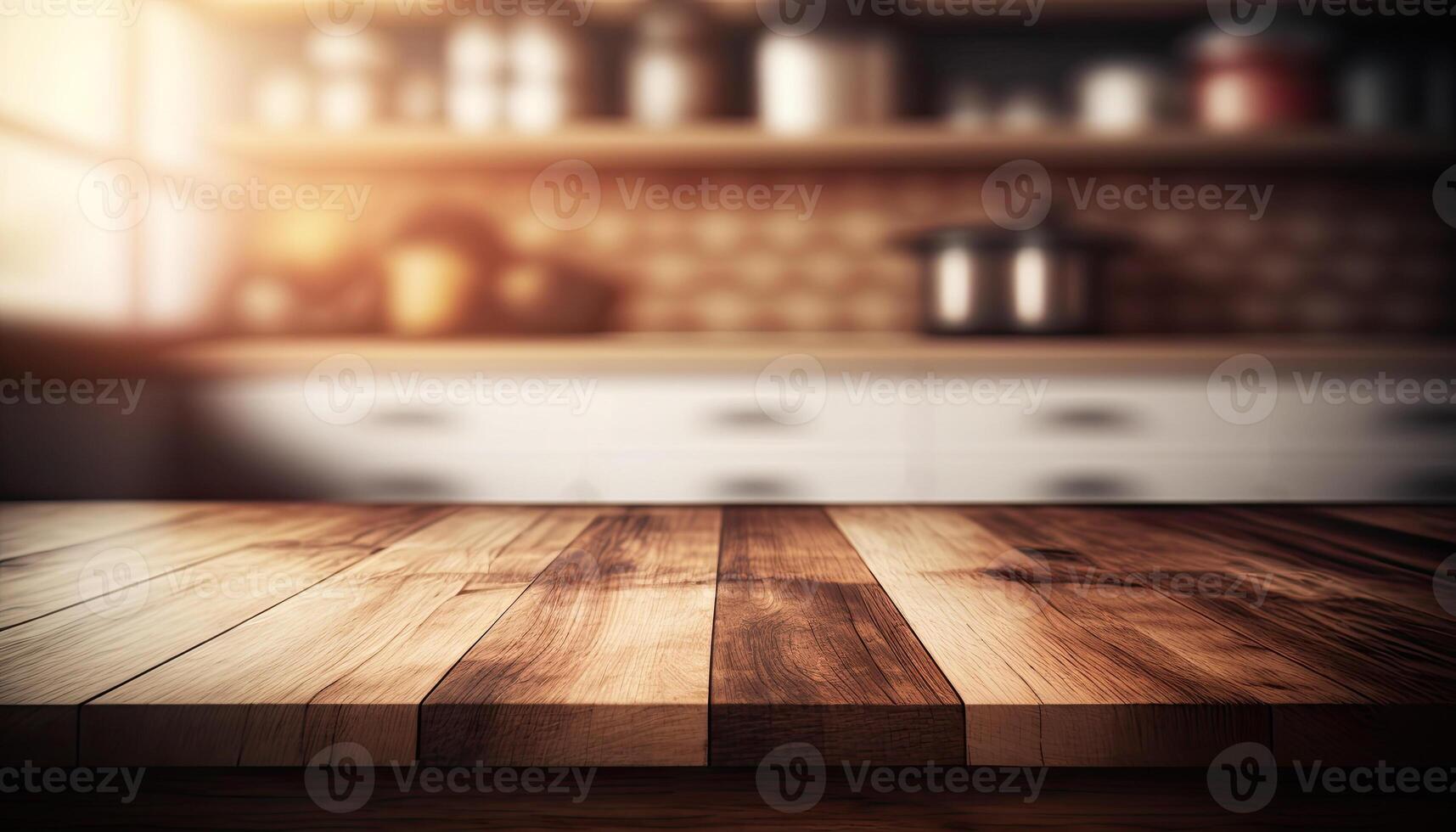 Empty wooden table product showcase blurry kitchen background Made with photo