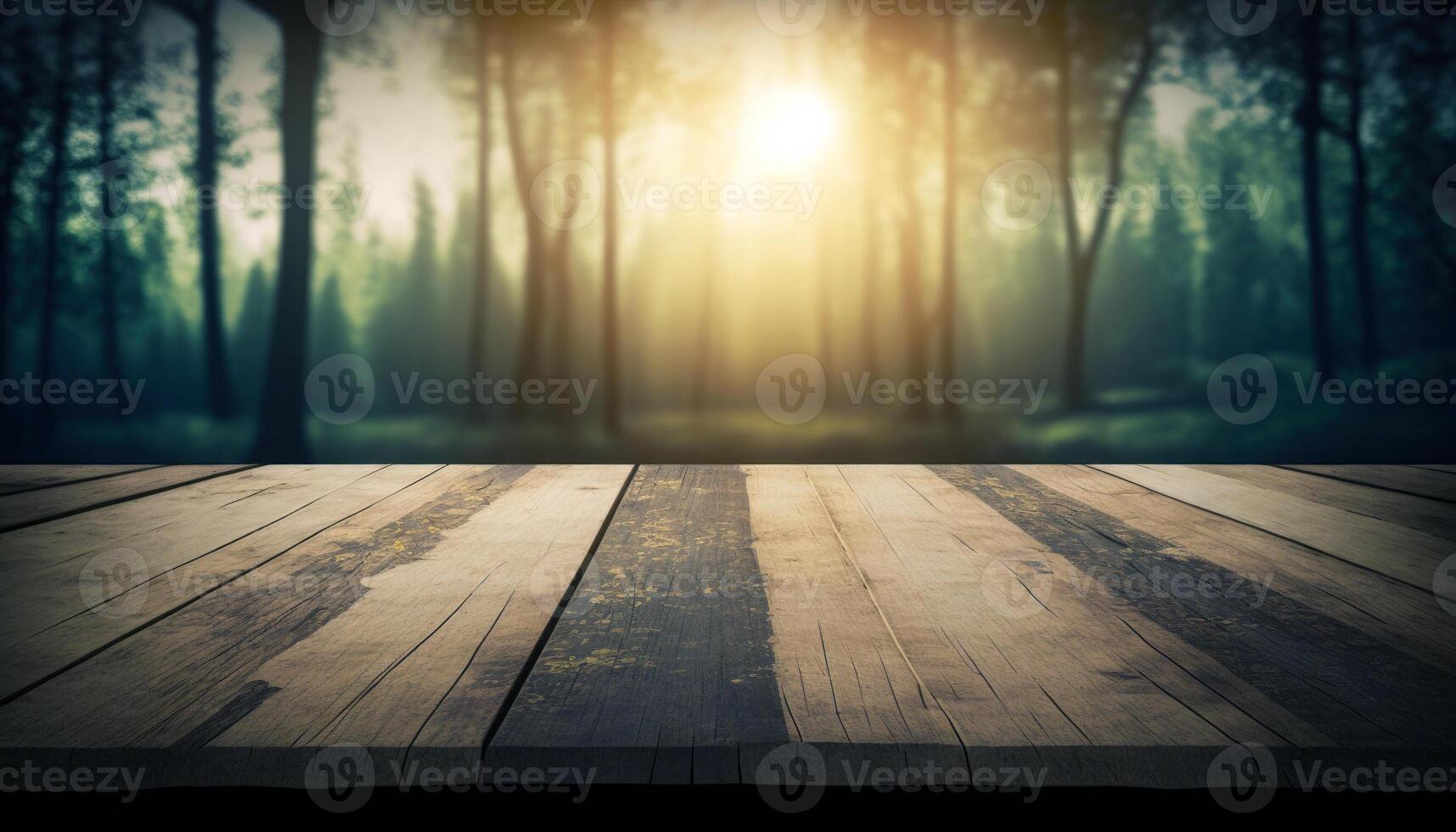 Empty wooden table product showcase blurry forest background Made with photo