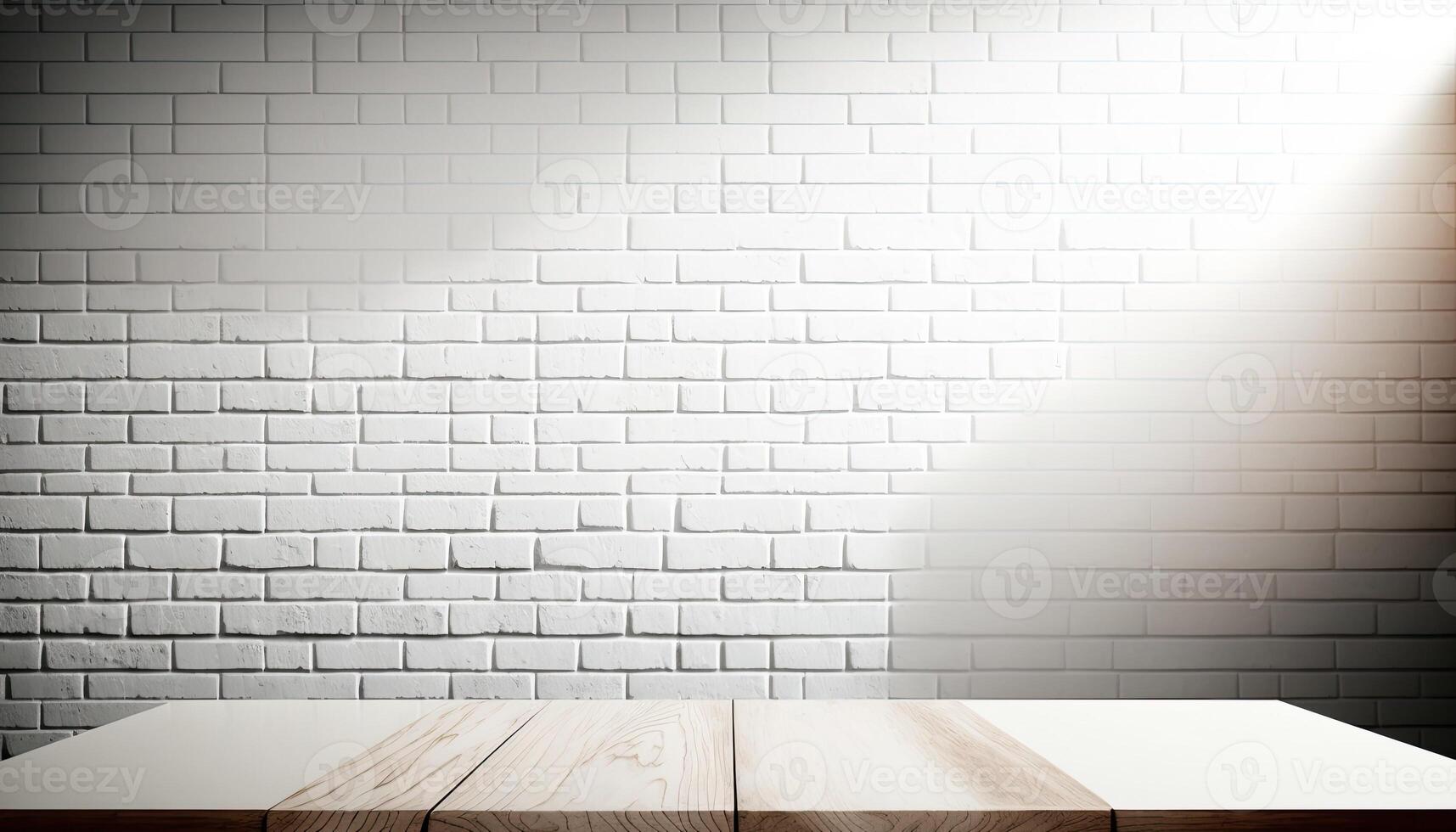 empty wooden table top with a blurry background with white bricks wall background photo