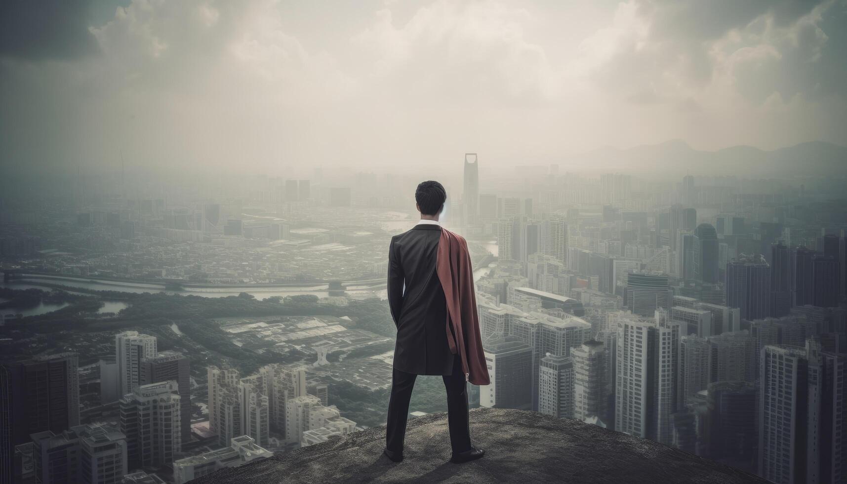 A business person standing top a skyscraper, looking out over the city with a superhero pose. photo