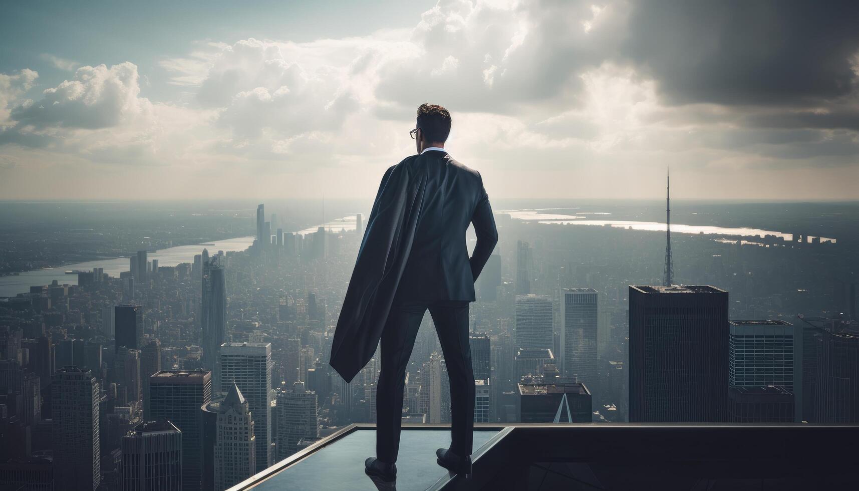 un negocio persona en pie parte superior un rascacielos, mirando fuera terminado el ciudad con un superhéroe pose. generativo ai foto