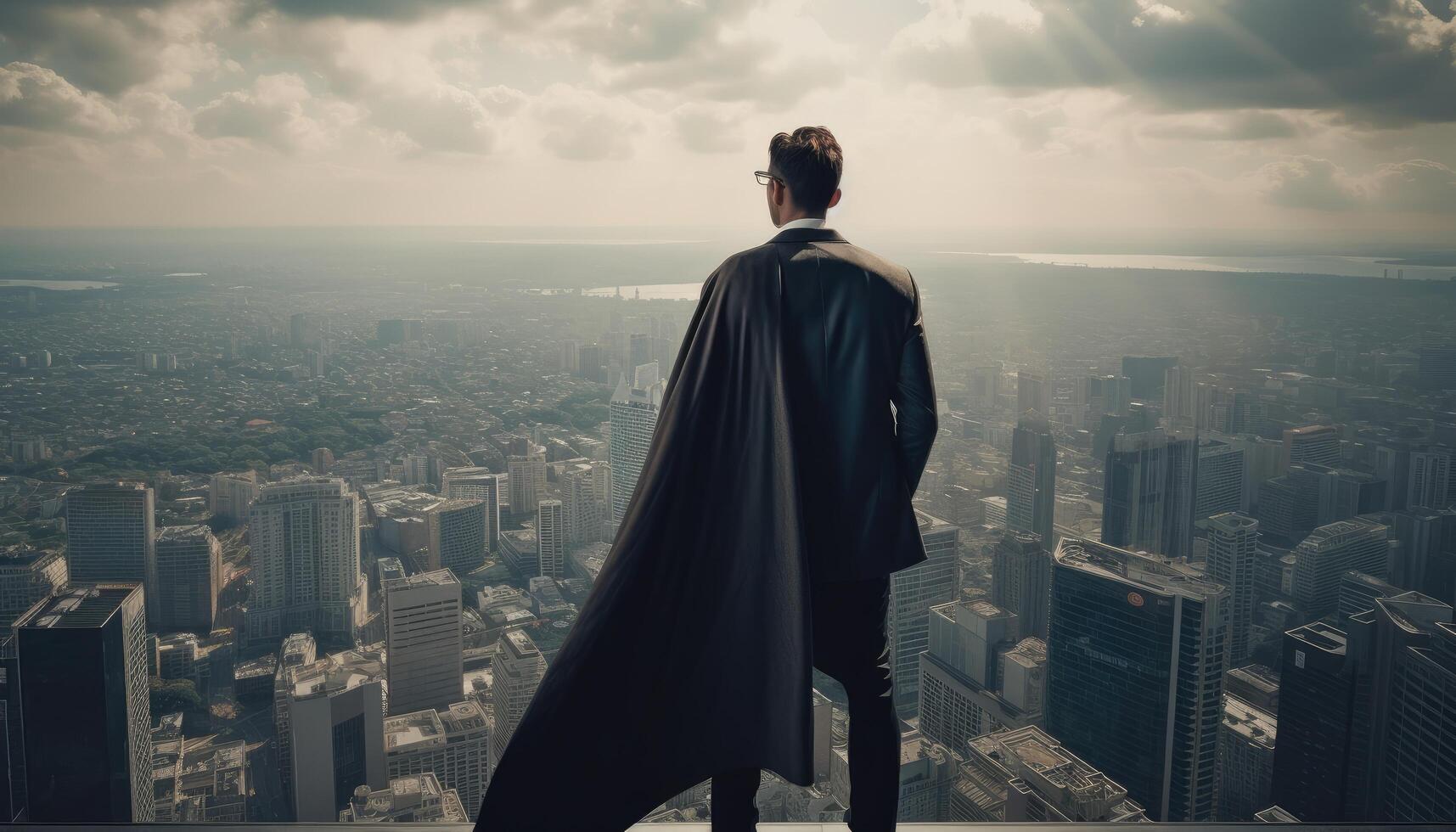 A business person standing top a skyscraper, looking out over the city with a superhero pose. photo