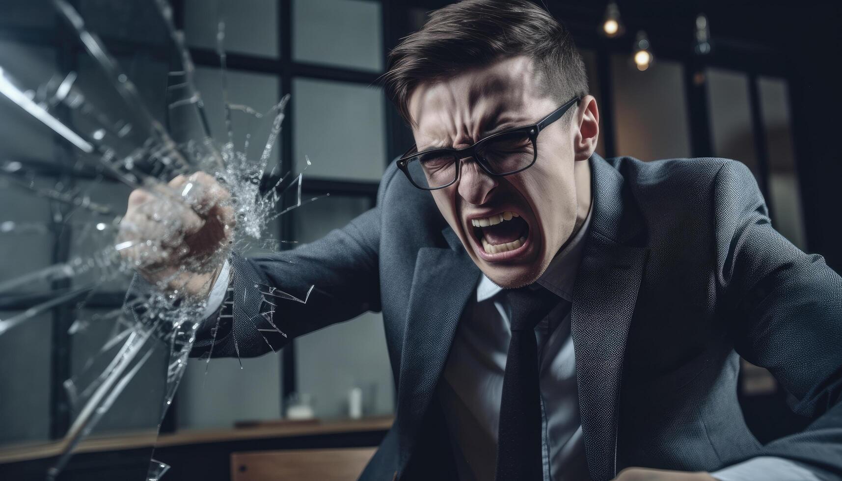 A business person using their scream to shatter glass or disrupt an opponent, symbolizing their ability to command attention. photo
