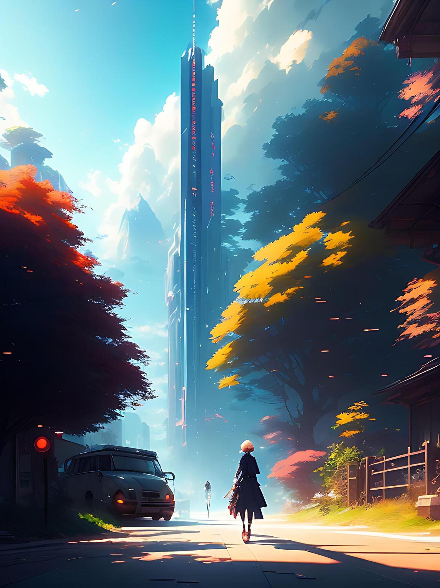 sunset from the city tower anime digital art illustration paint background  wallpaper ilustração do Stock