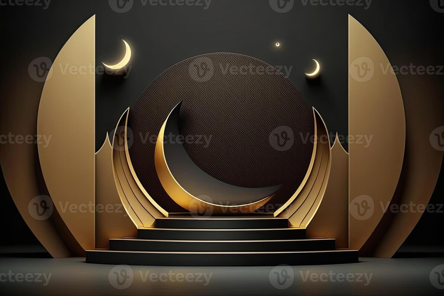 Dark gold Islamic ramadan podium platform for display product, presentation stage base photo