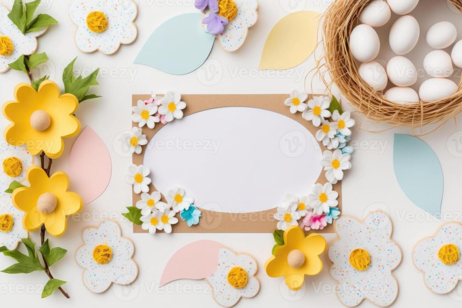 Blank white paper invitation message with flower frame top view Made with photo