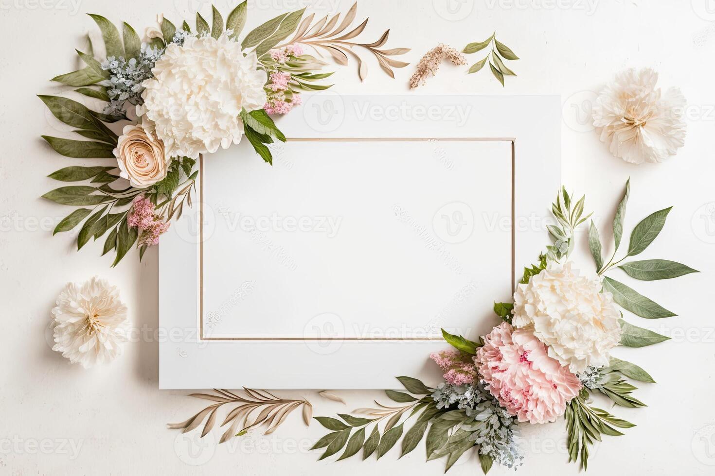 Blank white paper invitation message with flower frame top view Made with photo
